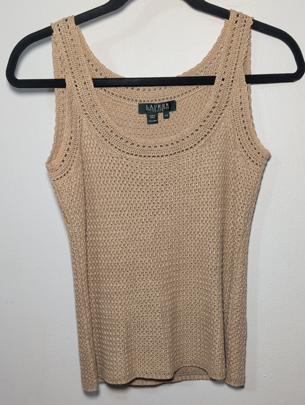 Lauren Ralph Lauren Beige Crochet Knit Tank Top 100% Linen Women's Size SP